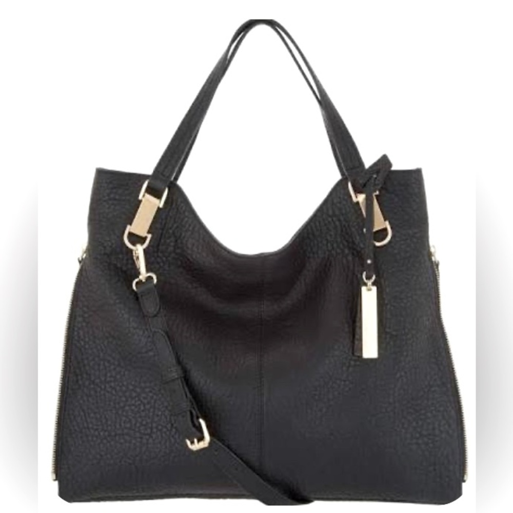 Vince Camuto Black pebble Leather Shoulder Tote Gold accent perfect condition